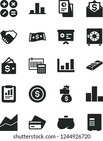 Solid Black Vector Icon Set - bar chart vector, line, calculation, strongbox, math actions, statistical report, hand shake, purse, dollar, research, financial, growth graph, gold, money bag, coin