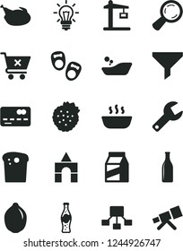 Solid Black Vector Icon Set - repair key vector, children's bathroom, box of bricks, shoes for little children, crossed cart, package, Easter cake, hot porridge, chicken, bottle soda, strawberries