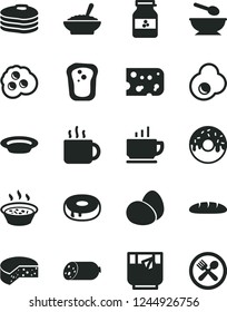 Solid Black Vector Icon Set - deep plate with a spoon vector, coffee, sausage, piece of cheese, eggs, loaf, cake hole, glazed, bowl buckwheat porridge, in saucepan, cup tea, glass, fried egg, cafe