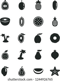 Solid Black Vector Icon Set - a pineapple vector, medlar, mango, half of, loquat, date fruit, passion, sweet, kiwi, guawa, piece coconut, slice, ripe guava, part, palm tree, starfish