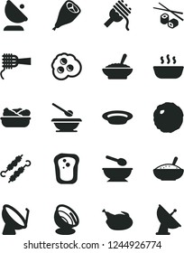 Solid Black Vector Icon Set - deep plate with a spoon vector, plates and spoons, spaghetti, noodles, bowl of buckwheat porridge, rice, hot, lettuce in, chicken, grill leg, meat on skewers, cabbage