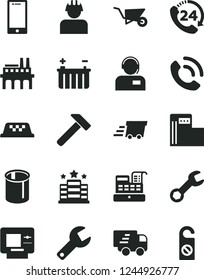 Solid Black Vector Icon Set - repair key vector, building trolley, hammer, smartphone, 24, phone call, operator, modern gas station, battery, industrial enterprise, builder, pipes, urgent cargo, atm