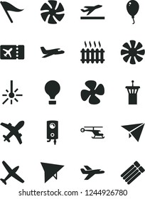 Solid Black Vector Icon Set - wind direction indicator vector, balloon, boiler, fan screw, outdoor thermometer, cast iron radiator, paper plane, private, helicopter, air, hang glider, airport tower