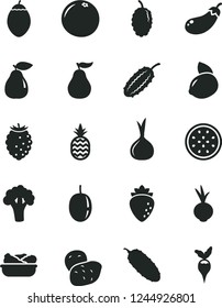 Solid Black Vector Icon Set - lettuce in a plate vector, cucumber, beet, pineapple, pear, raspberry, tasty, mulberry, passion fruit, yellow lemon, half of, tamarillo, grapefruit, ripe guava, onion