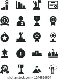 Solid Black Vector Icon Set - positive histogram vector, pedestal, winner podium, award, cup, gold, star reward, man with medal, flag, mountain, first place, pennant, ribbon, certificate, dollar