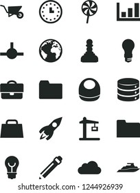 Solid Black Vector Icon Set - sign of the planet vector, graphite pencil, folder, baby bib, building trolley, bulb, big data, lollipop, light, Construction crane, portfolio, rocket, wall watch, pawn