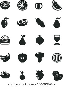 Solid Black Vector Icon Set - burger vector, mushroom, a plate of fruit, bacon, cucumber, beet, glass, pear, orange slice, tasty apple, strawberry, medlar, water melon, ripe plum, bananas, lemon