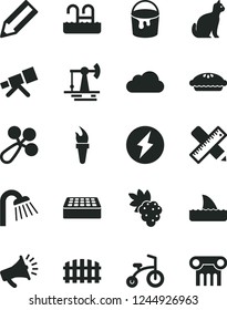 Solid Black Vector Icon Set - baby rattle vector, child bicycle, paint bucket, shower, writing accessories, brick, fence, pie, grape, working oil derrick, pencil, horn, cloud, telescope, flame torch