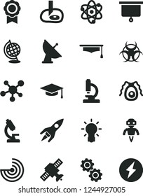 Solid Black Vector Icon Set - microscope vector, molecule, atom, bulb, gears, satellite, bactery, biohazard, globe, graduate hat, artifical insimination, radar, medal, robot, antenna, rocket