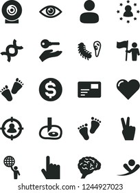 Solid Black Vector Icon Set - footprints vector, children's tracks, heart, index finger, eye, pass card, lens, man, in sight, dollar, dna, brain, bactery, artifical insimination, hold world, flag