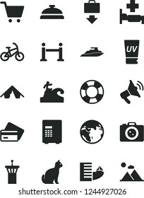 Solid Black Vector Icon Set - earth vector, bike, airport tower, rope barrier, getting baggage, credit card, hotel, tent, uv cream, hospital bed, surfing, camera, pets, safe, cart, loudspeaker