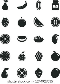 Solid Black Vector Icon Set - a plate of fruit vector, jar jam, strawberry, pear, orange slice, large grape, tasty raspberry, mango, half melon, plum, sweet date, juicy lemon, banana, passion, guawa