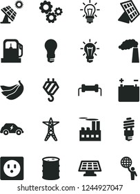 Solid Black Vector Icon Set - hook vector, bananas, big solar panel, gas station, manufacture, barrel, accumulator, light bulb, power line, socket, industrial building, energy saving, gears, sun