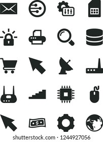 Solid Black Vector Icon Set - envelope vector, magnifier, cart, SIM card, mouse, cpu, router, printer, network, big data, settings, cursor, encrypting, satellite antenna, stairway, dollar, earth