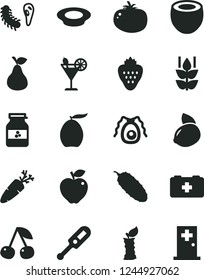Solid Black Vector Icon Set - electronic thermometer vector e, bag of a paramedic, plate milk, cucumber, tomato, carrot, cocktail, jar jam, strawberry, pear, mint, cherry, red apple, loquat, stub