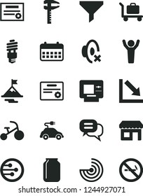 Solid Black Vector Icon Set - silent mode vector, negative chart, tricycle, energy saving bulb, electric car, calipers, jar, kiosk, filter, calendar, network, radar, patente, man hands up, dialog