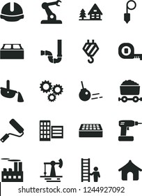 Solid Black Vector Icon Set - hook vector, cordless drill, measuring tape, new roller, siphon, city block, construction helmet, brick, building, plummet, core, working oil derrick, industrial