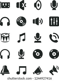 Solid Black Vector Icon Set - bell vector, desktop microphone, horn, loudspeaker, drum, headphones, music, CD, regulator, volume, no sound, phone call, pc card, note