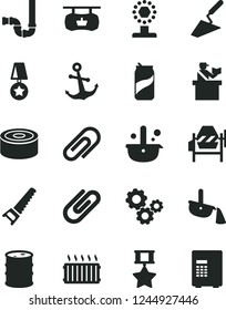 Solid Black Vector Icon Set - clip vector, trowel, concrete mixer, hand saw, siphon, anchor, canned goods, soda can, barrel, metallurgy, steel production, aluminum radiator, gears, cup, star medal