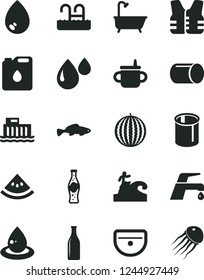 Solid Black Vector Icon Set - mug for feeding vector, sink, bath, faucet mixer, drop, small fish, bottle of soda, water melon, slice, hydroelectric station, canister oil, pipe, pipes, Glass, pool