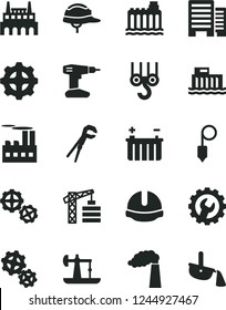 Solid Black Vector Icon Set - tower crane vector, winch hook, gears, adjustable wrench, drill, buildings, construction helmet, plummet, gear, oil derrick, manufacture, battery, hydroelectric station