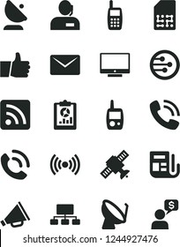 Solid Black Vector Icon Set - horn vector, rss feed, toy mobile phone, thumb up, screen, call, satellite dish, antenna, SIM, statistical overview, scheme, dispatcher, morning paper, network, mail