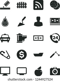 Solid Black Vector Icon Set - monitor vector, camera roll, rss feed, open pin, bath, building trowel, drawing, fence, car, 24, biscuit, apricot, part of guava, welding, woman, dollar, cash