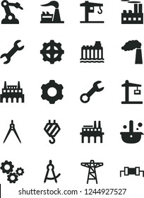 Solid Black Vector Icon Set - crane vector, hook, cogwheel, manufacture, factory, hydroelectricity, power pole, industrial building, enterprise, gear, Construction, robot welder, metallurgy, gears