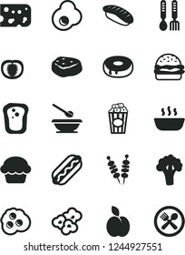 Solid Black Vector Icon Set - plates and spoons vector, iron fork, piece of cheese, fried vegetables on sticks, Hot Dog, burger, cake, with a hole, porridge, meat, japanese sushi, popcorn, cup, egg
