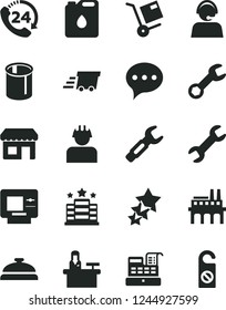 Solid Black Vector Icon Set - speech vector, 24, shipment, industrial enterprise, builder, canister of oil, pipes, steel repair key, kiosk, operator, urgent cargo, cash machine, three stars, atm
