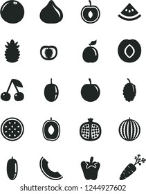 Solid Black Vector Icon Set - peper vector, cherry, half pomegranate, plum, fig, mulberry, water melon, slice of, delicious, date fruit, tasty, passion, guava, ripe pineapple, grapefruit, tomato