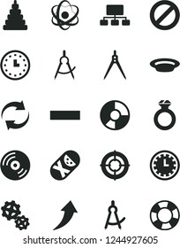 Solid Black Vector Icon Set - prohibition vector, clock face, renewal, minus, stacking toy, tumbler, CD, plate, gears, scribed compasses, scheme, ring diagram, wall watch, atom, drawing compass, aim