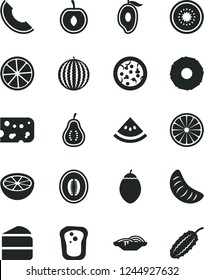 Solid Black Vector Icon Set - piece of cheese vector, pizza, slices onion, cake, sandwich, water melon, slice, half mango, tangerine, cherry, kiwi, tamarillo, orange, lemon, pineapple, grapefruit