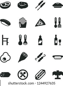 Solid Black Vector Icon Set - a chair for feeding vector, plastic fork spoons, iron, sausage, piece of pizza, Hot Dog, mini, pie, grill chicken leg, bacon, barbecue, meat on skewers, japanese sushi