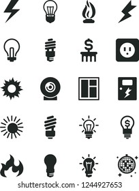 Solid Black Vector Icon Set - lightning vector, incandescent lamp, window, saving light bulb, power socket type b, dangers, lens, energy, flame, dollar column, idea, sun, disco ball
