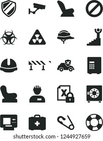 Solid Black Vector Icon Set - prohibition vector, Baby chair, car child seat, open pin, medical bag, workman, construction helmet, road fence, strongbox, autopilot, encrypting, nuclear, biohazard