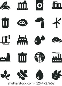 Solid Black Vector Icon Set - dust bin vector, drop, working oil derrick, leaves, wind energy, manufacture, hydroelectric station, hydroelectricity, industrial building, thermal power plant, factory