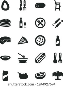 Solid Black Vector Icon Set - plates and spoons vector, a chair for feeding child, plastic fork, iron, sausage, stick of, cheese, pizza, piece, Hot Dog, plate, chicken, bacon, meat on skewers, wine