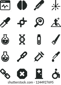 Solid Black Vector Icon Set - mark of injury vector, spectacles, electronic thermometer e, mercury, arm saw, temperature, cardiogram, round flask, outdoor, test tube, dna, brain, pipette, syringe
