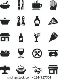 Solid Black Vector Icon Set - plastic fork spoons vector, iron, coffee, piece of pizza, a bowl rice porridge, in saucepan, lettuce plate, grill chicken leg, fried potato slices, Chinese chopsticks