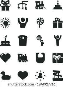 Solid Black Vector Icon Set - heart symbol vector, toys over the cradle, bib, rubber duck, baby toy train, children's, cake, birthday, gift, Easter, lollipop, giftbox, man hold world, hands up, sun