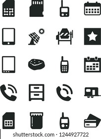 Solid Black Vector Icon Set - calendar vector, toy phone, mobile, concrete mixer, nightstand, call, piece of meat, jam, big solar panel, SIM card, tablet pc, sd, star, camper, credit