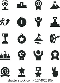 Solid Black Vector Icon Set - pedestal vector, winner, podium, cup, gold, star reward, man arrow up, medal, motivation, mountain flag, purpose, first place, with pennant, ribbon, hero, hands