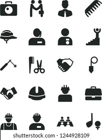 Solid Black Vector Icon Set - accessories for a hairstyle vector, comb, builder, workman, construction helmet, plummet, employee, camera, welding, briefcase, hand shake, handclasp, dispatcher, golf