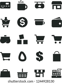 Solid Black Vector Icon Set - paper bag vector, grocery basket, dollar, children's potty, cubes for children, cart, put in, kiosk, stick of sausage, cup tea, stall, shopping, front the bank card