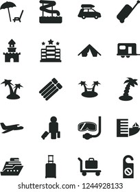 Solid Black Vector Icon Set - sand castle vector, plane, car baggage, camper, passenger, rolling suitcase, case, hotel, tent, arnchair under umbrella, palm tree, aquapark, diving mask, cruiser