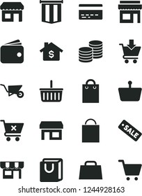 Solid Black Vector Icon Set - paper bag vector, grocery basket, bank card, building trolley, put in cart, crossed, with handles, kiosk, coins, stall, shopping, wallet, hand, season sale, mortgage
