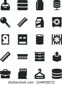 Solid Black Vector Icon Set - storage unit vector, key, big data server, suitcase, put in a box, strongbox, package, hanger, unpacking, barrel, jar, radiator fan, memory, hdd, usb, sd card