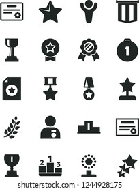 Solid Black Vector Icon Set - star vector, pedestal, patente, winner, laurel branch, award, cup, gold, reward, man with medal, first place, hero, certificate, pennant flag, three stars