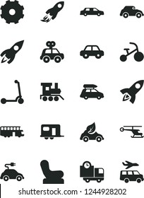 Solid Black Vector Icon Set - truck lorry vector, Baby chair, motor vehicle, present, toy train, tricycle, child Kick scooter, delivery, eco car, electric, retro, rocket, space, helicopter, baggage